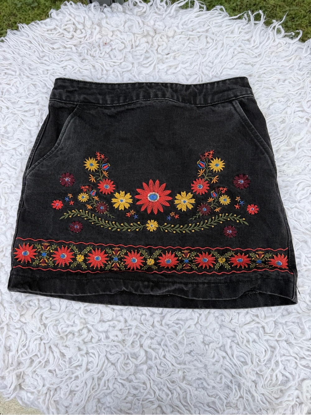 Forever 21 Black Mini Skirt with Red and Yellow Floral Embroidery